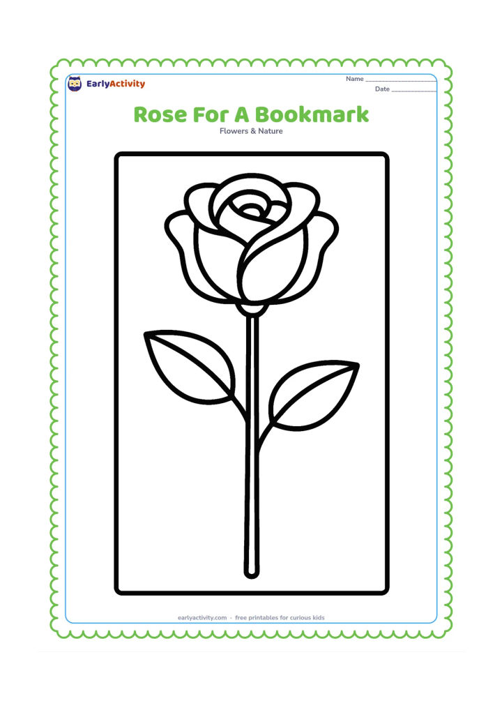 Colouring page: Draw one tall rose stem with a large bloom, leaves, and a simple rectangular border around the composition, suitable for colouring and cutting out as a bookmark.