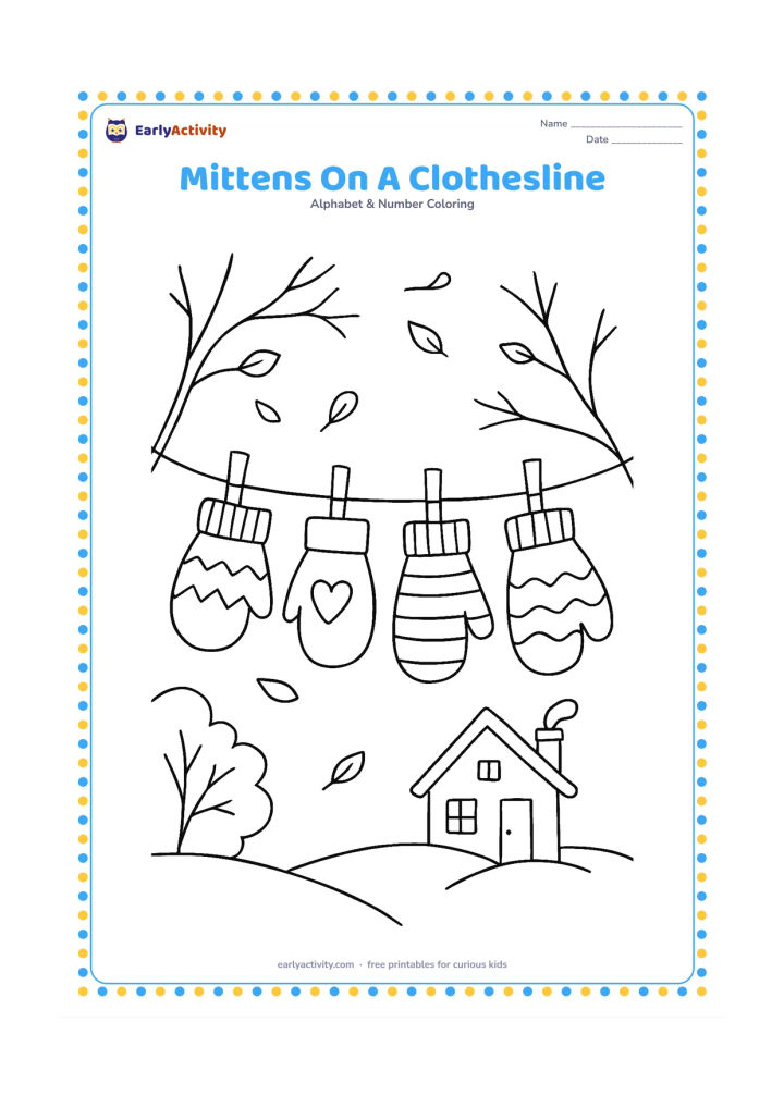 Colouring page: Draw several pairs of mittens hanging from a clothesline on a breezy winter day, with bare branches, drifting leaves and a small house behind them. Vary the mitten shapes and cuff…