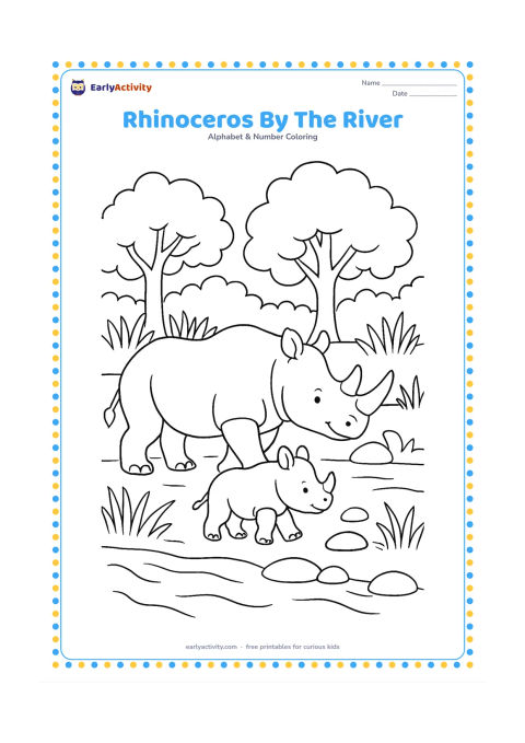 Colouring page: Draw a friendly rhinoceros walking beside a river, with a calf following behind, tall grass, rounded stones and leafy trees on the far bank. Show both animals in side view with their…