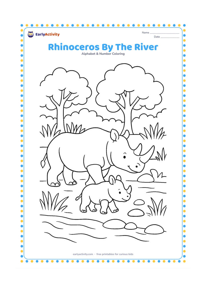 Colouring page: Draw a friendly rhinoceros walking beside a river, with a calf following behind, tall grass, rounded stones and leafy trees on the far bank. Show both animals in side view with their…