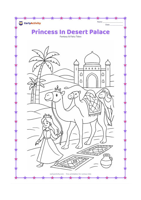Colouring page: Draw a princess walking beside a camel caravan near a sandstone palace in a desert landscape. Include an arched doorway, patterned rugs, palm trees, distant dunes, and a shaded water jar.
