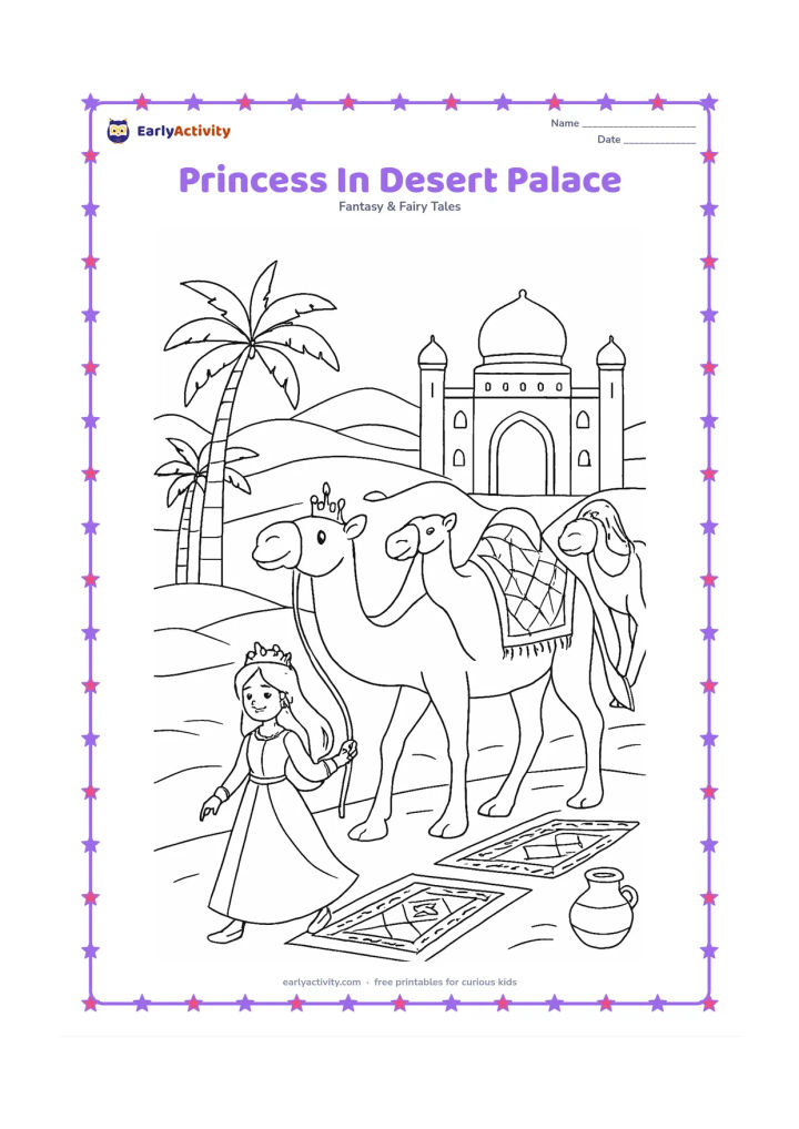 Colouring page: Draw a princess walking beside a camel caravan near a sandstone palace in a desert landscape. Include an arched doorway, patterned rugs, palm trees, distant dunes, and a shaded water jar.
