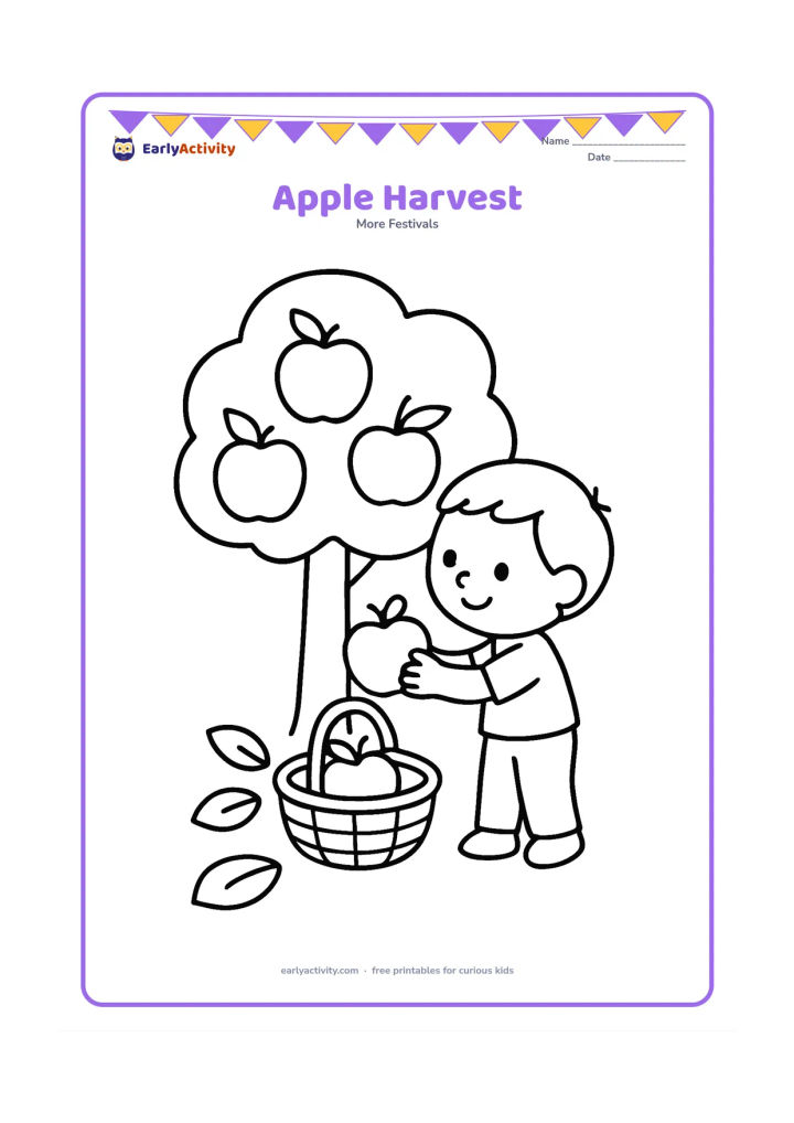 Colouring page: A child places large apples into a low basket beneath a simple apple tree. Include three big apples on the branches and a few broad leaves on the ground.