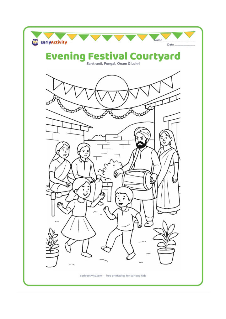 Colouring page: Families gather in a courtyard at sunset while two children dance and an adult plays dhol. Add strings of unmarked bunting, flower garlands, a charpai, potted plants and a large rising moon.