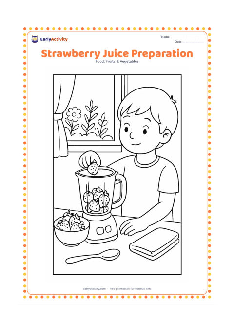 Colouring page: Draw a kitchen scene with a child placing strawberries into a blender jar beside a bowl of berries, a spoon, a folded towel, and a window showing garden plants; include no labels on the…