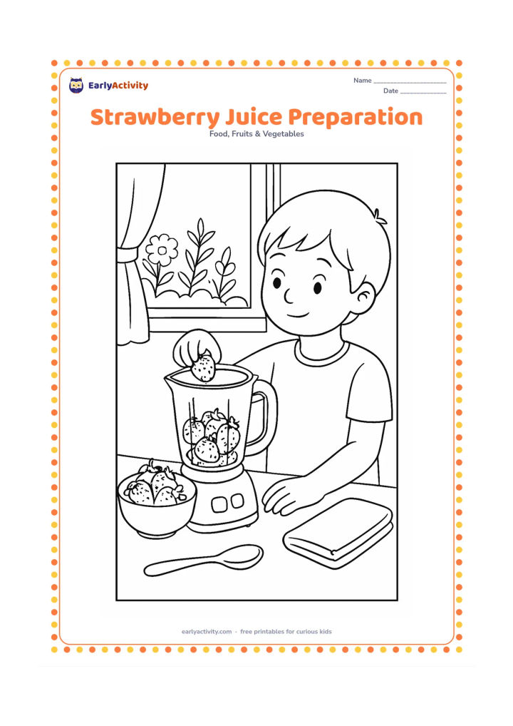 Colouring page: Draw a kitchen scene with a child placing strawberries into a blender jar beside a bowl of berries, a spoon, a folded towel, and a window showing garden plants; include no labels on the…