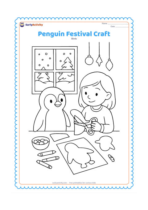 Colouring page: Draw a penguin at an Indian home craft table beside a child making a paper penguin, with blank paper shapes, safe scissors, crayons, and a small bowl of craft materials. Include a window…