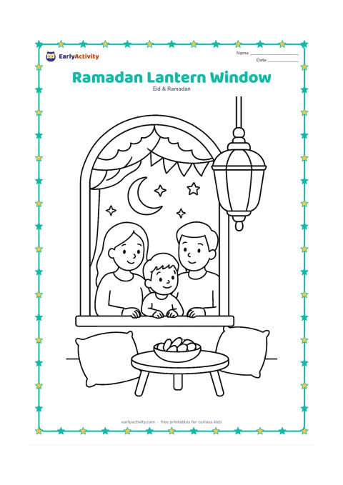 Colouring page: A family looks through a decorated window at a crescent moon and stars while a large lantern hangs in the room. Show cushions, a small table, and a bowl of dates inside the home.