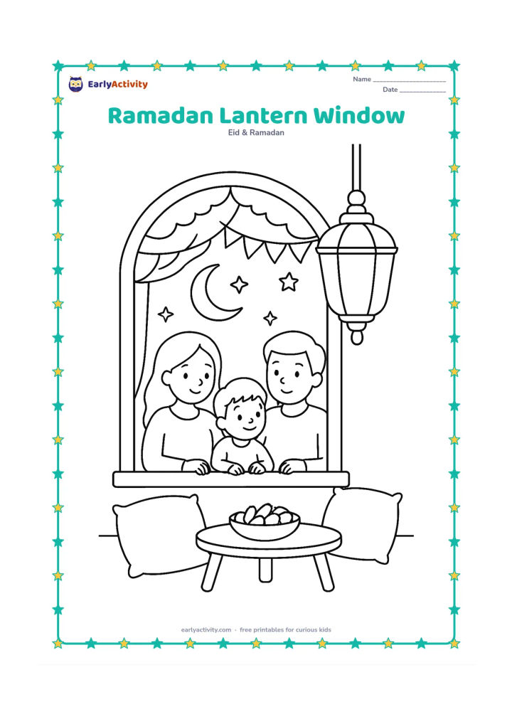 Colouring page: A family looks through a decorated window at a crescent moon and stars while a large lantern hangs in the room. Show cushions, a small table, and a bowl of dates inside the home.