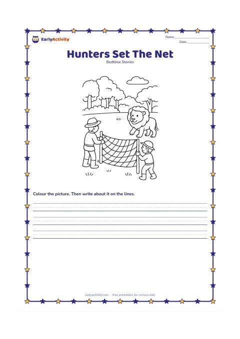 Printable: At the edge of the forest, two distant hunters carefully stretch a large rope net between low posts while the lion approaches from the other side. Show the hunters from behind or in…