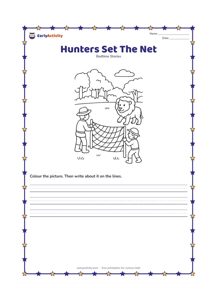 Printable: At the edge of the forest, two distant hunters carefully stretch a large rope net between low posts while the lion approaches from the other side. Show the hunters from behind or in…