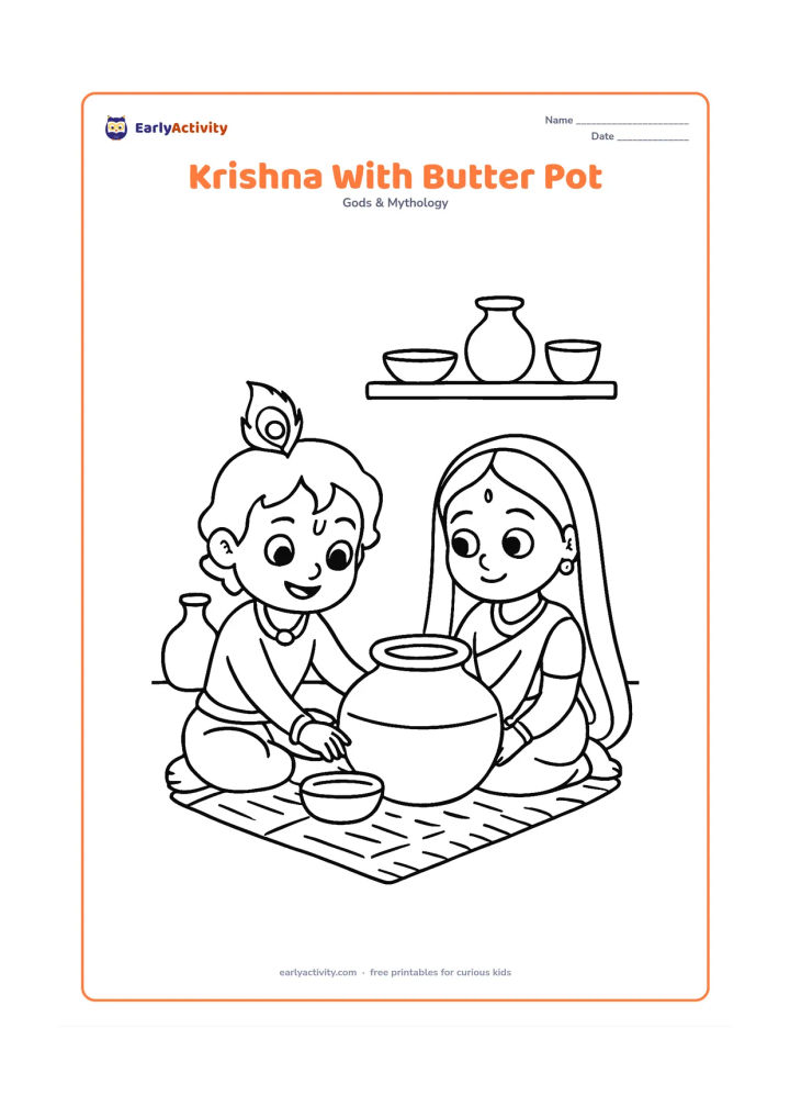 Colouring page: Draw Krishna sitting beside a large clay butter pot, reaching toward a small bowl while Radha watches with a gentle smile. Add a woven mat, a shelf, and a few simple village utensils.
