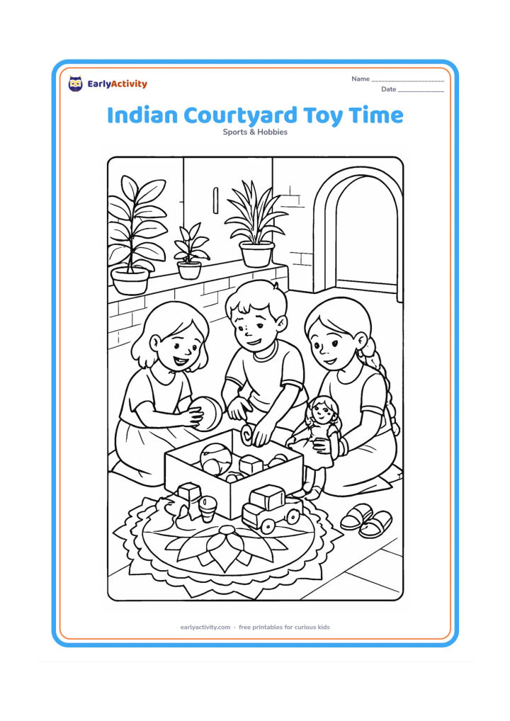 Colouring page: Three children share a toy box in an Indian courtyard, playing with a ball, spinning top, toy truck, doll and blocks. Include a low wall, potted plants, a rangoli-inspired geometric…