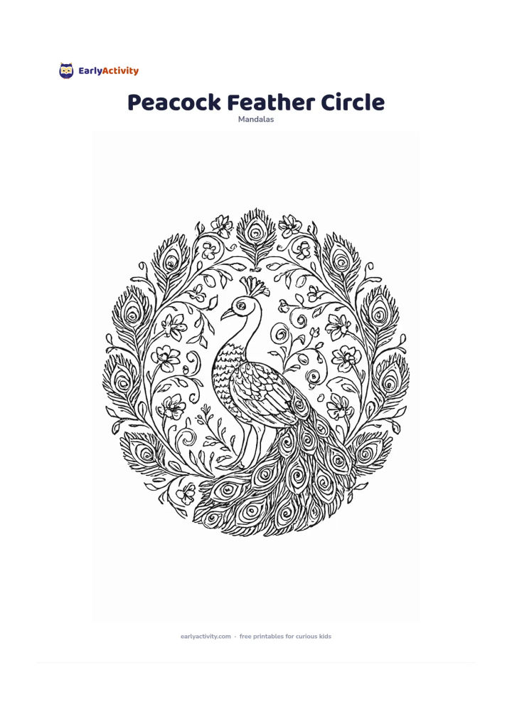 Colouring page: Draw a circular mandala built from repeating peacock feathers, with one elegant peacock standing in the centre and its tail gently fanned behind it. Surround the bird with curved vines,…