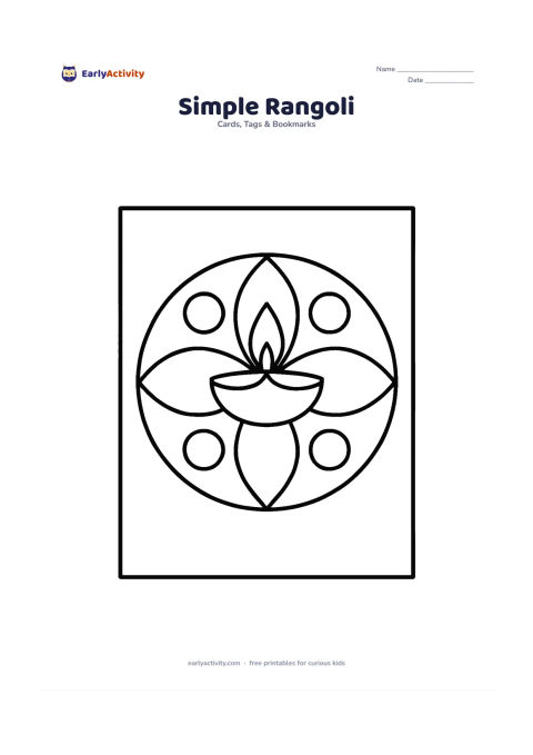 Worksheet: Draw a round rangoli made from four large symmetrical petals, four circles and a central diya. Put the design in the middle of a card with a wide empty margin.
