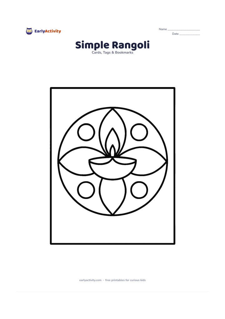 Worksheet: Draw a round rangoli made from four large symmetrical petals, four circles and a central diya. Put the design in the middle of a card with a wide empty margin.