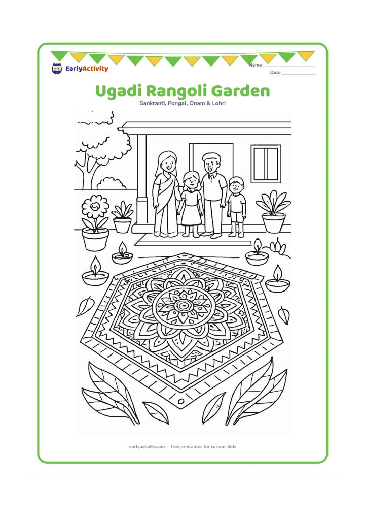 Colouring page: A large geometric rangoli fills a garden courtyard, surrounded by flower pots, mango leaves, diyas and a family watching from the veranda.