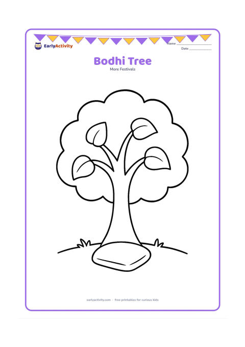 Colouring page: A friendly broad-canopied Bodhi tree with a thick trunk, a few large heart-shaped leaves and a simple cushion beneath it. Place the tree on a small grassy ground line.