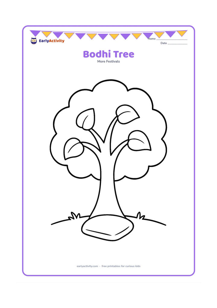 Colouring page: A friendly broad-canopied Bodhi tree with a thick trunk, a few large heart-shaped leaves and a simple cushion beneath it. Place the tree on a small grassy ground line.