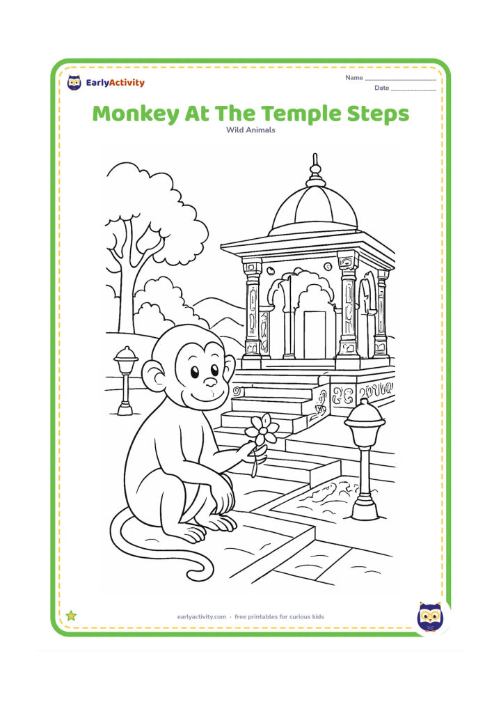 Colouring page: Draw one monkey sitting beside stone steps leading to a peaceful Indian temple courtyard, holding a fallen flower. Add carved but non-lettered stone patterns, trees, lamps without flames…