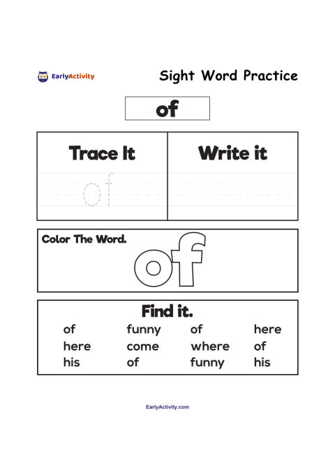Worksheet for practising the sight word “of” with tracing, writing, colouring and word-finding activities.
