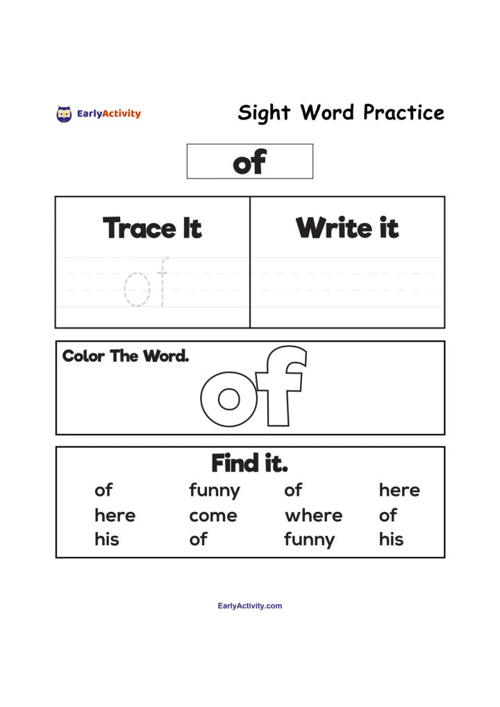 Worksheet for practising the sight word “of” with tracing, writing, colouring and word-finding activities.