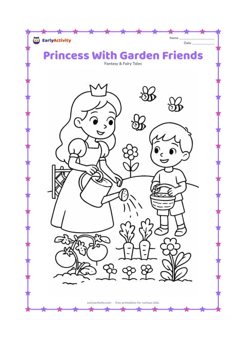 Colouring page: Draw a princess watering a vegetable and flower garden while a child friend carries a small basket. Include rows of plants, a trellis, a watering can, and friendly bees.