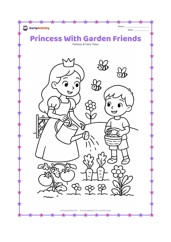 Colouring page: Draw a princess watering a vegetable and flower garden while a child friend carries a small basket. Include rows of plants, a trellis, a watering can, and friendly bees.