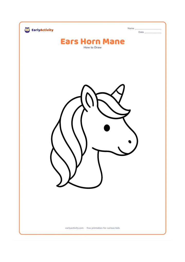Worksheet: A simple side-facing unicorn head showing two clear ears, one rounded horn and three large flowing mane sections. Place the head in the centre on a blank page with broad, smooth curves…