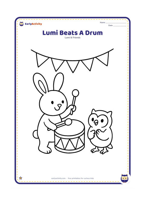 Colouring page: Lumi stands upright and beats a large round festival drum with two sticks while a friend owl claps nearby. Add a simple bunting line made from large triangular flags, with no symbols on…