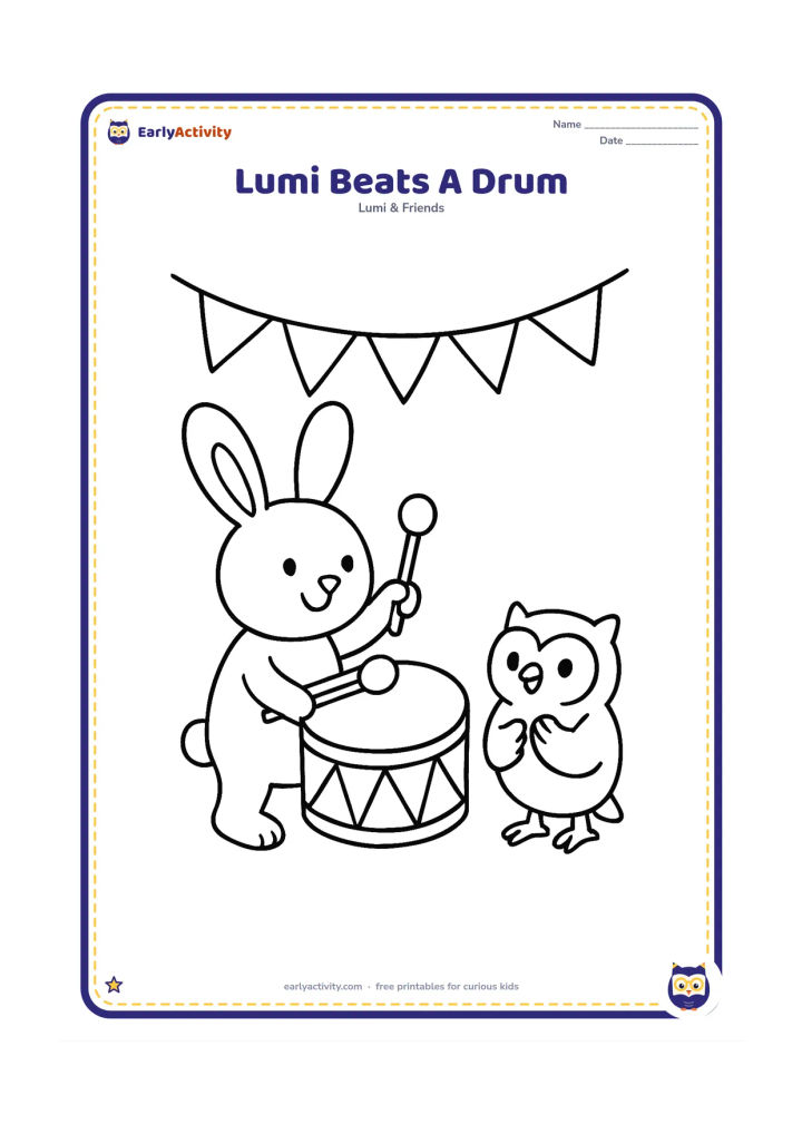 Colouring page: Lumi stands upright and beats a large round festival drum with two sticks while a friend owl claps nearby. Add a simple bunting line made from large triangular flags, with no symbols on…