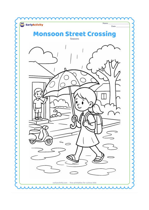 Colouring page: A child carefully walks along a rain-washed Indian neighbourhood street holding a patterned umbrella, with sandals and a school-style backpack, while a friend waves from a covered…