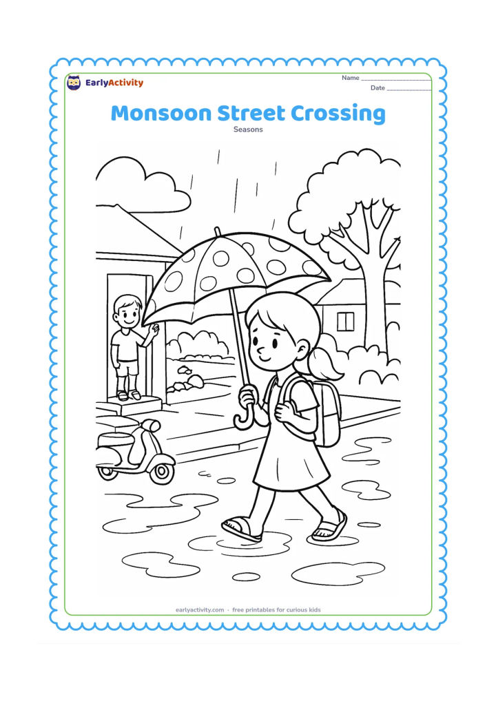 Colouring page: A child carefully walks along a rain-washed Indian neighbourhood street holding a patterned umbrella, with sandals and a school-style backpack, while a friend waves from a covered…