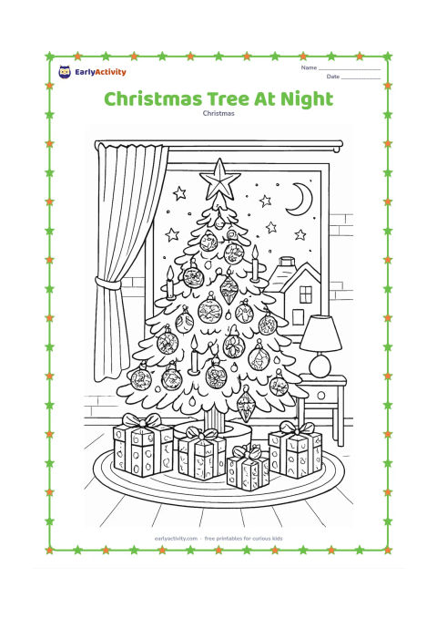 Colouring page: A richly decorated Christmas tree stands beside a window showing a starry night, rooftops and a crescent moon. Include many different ornaments, wrapped gifts, a rug and a small table…