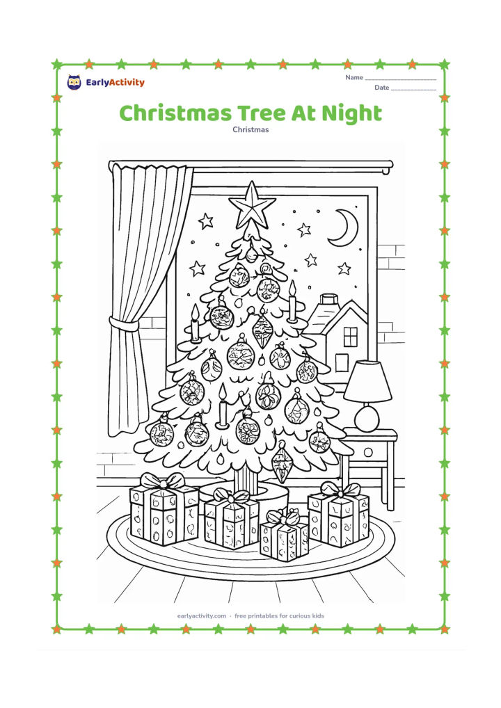 Colouring page: A richly decorated Christmas tree stands beside a window showing a starry night, rooftops and a crescent moon. Include many different ornaments, wrapped gifts, a rug and a small table…