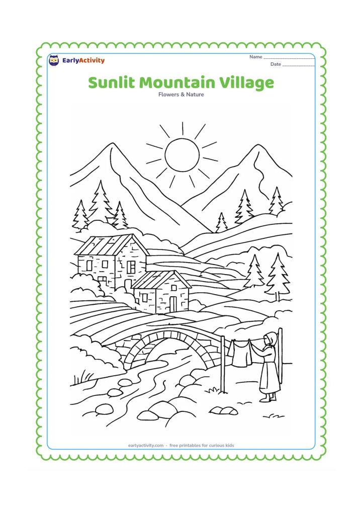 Colouring page: Draw morning sunlight over a mountain village with stone houses, terraced fields, a footbridge, a stream, tall peaks, evergreen trees and a person hanging clothes outside. Place the sun…