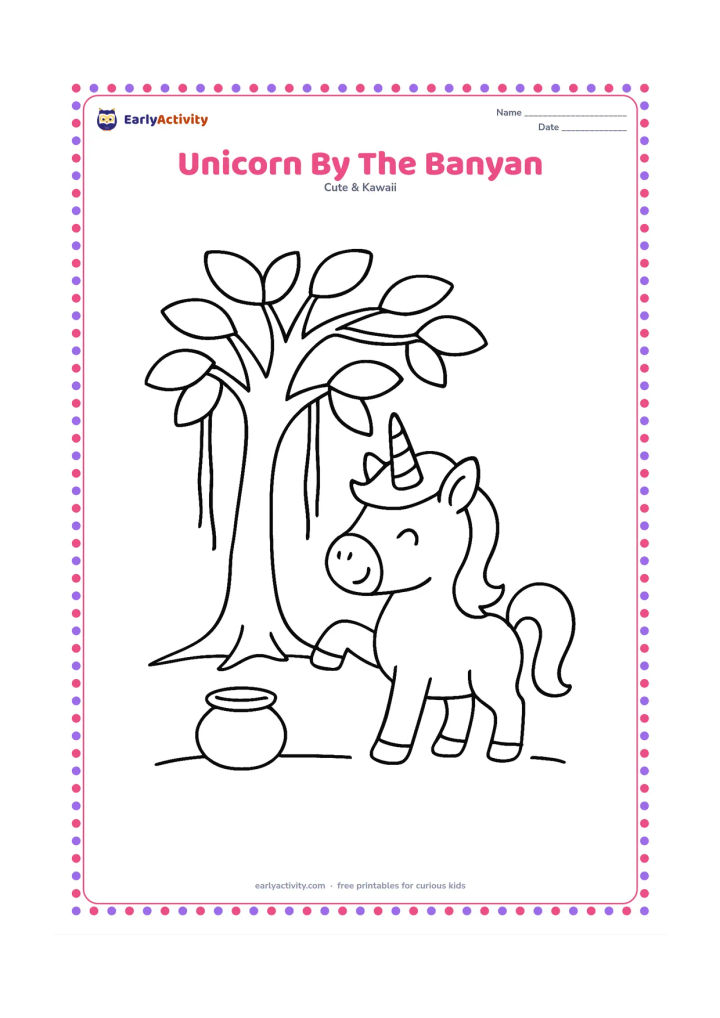 Colouring page: Draw a cheerful unicorn standing beside a large banyan tree, with its tail lifted and one front hoof raised. Include a few hanging roots, broad leaves, a small clay water pot and open…