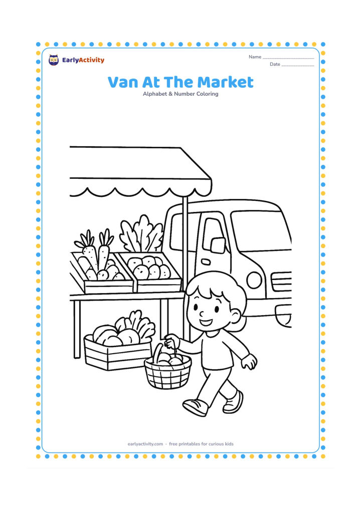 Colouring page: Draw a small van parked beside an outdoor vegetable stall, with a child carrying a basket toward it. Show baskets of carrots, leafy greens, and round vegetables under a simple canopy.