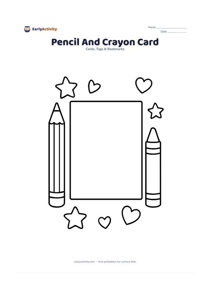 Worksheet: A large pencil and two chunky crayons frame an empty central writing panel, with a few simple stars and hearts around the border. The objects should be arranged like a clear card front…