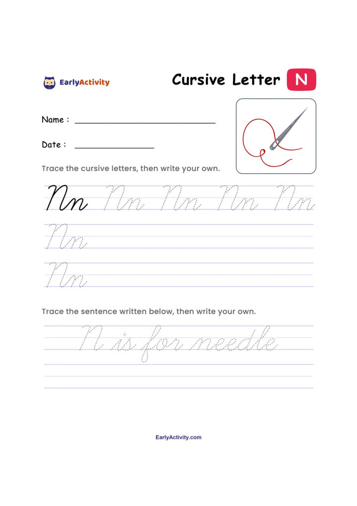 Worksheet page for practising cursive letter N, with tracing lines, a red N example, and a sentence to copy.