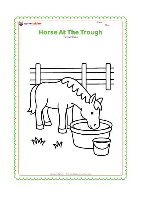 Colouring page: A horse bends its head to drink from a large water trough in a farmyard. Add a simple fence, two patches of grass and a round bucket nearby.