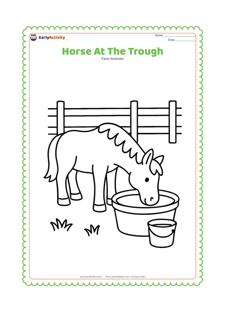 Colouring page: A horse bends its head to drink from a large water trough in a farmyard. Add a simple fence, two patches of grass and a round bucket nearby.