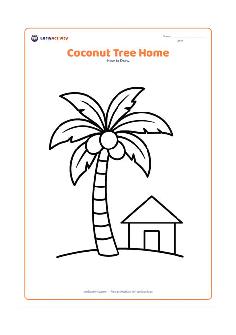Worksheet: Show a tall coconut palm with a curved trunk, a cluster of large coconuts and broad leaves. Add a small simple hut shape and a ground line in the background.
