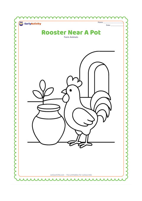 Colouring page: Draw a rooster standing beside a large clay water pot in an Indian village courtyard. Add a small leafy plant and a simple doorway in the background.