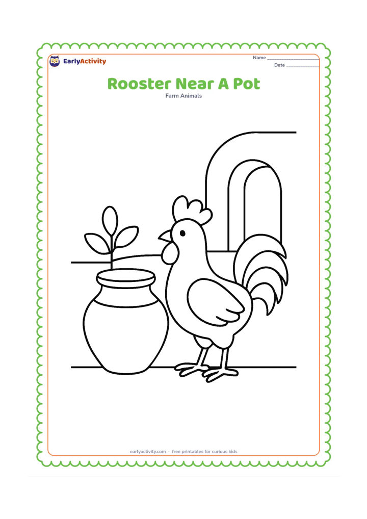 Colouring page: Draw a rooster standing beside a large clay water pot in an Indian village courtyard. Add a small leafy plant and a simple doorway in the background.