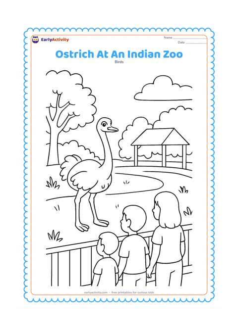 Colouring page: An ostrich stands in a spacious Indian zoo enclosure while a family views it from behind a low railing. Include leafy trees, a simple shelter and a path, with no signs or text.