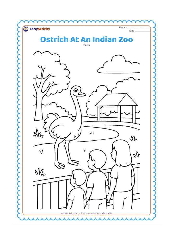 Colouring page: An ostrich stands in a spacious Indian zoo enclosure while a family views it from behind a low railing. Include leafy trees, a simple shelter and a path, with no signs or text.