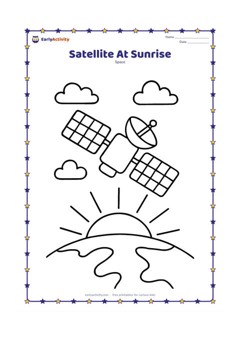 Colouring page: Place a satellite in orbit above Earth as the sun rises behind the curved horizon. Include broad rays, a few clouds, two solar panels, and one dish antenna.