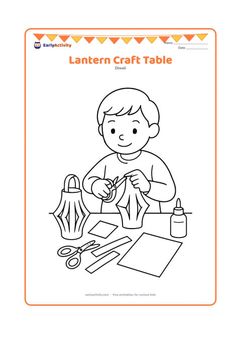 Colouring page: A child cuts and folds a paper lantern at a craft table, surrounded by scissors, paper strips, glue, and one completed lantern. Keep all tools safely placed on the table.