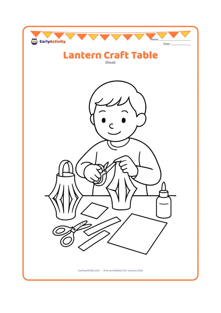 Colouring page: A child cuts and folds a paper lantern at a craft table, surrounded by scissors, paper strips, glue, and one completed lantern. Keep all tools safely placed on the table.